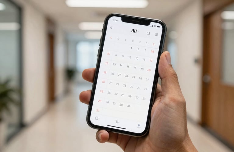 A high-quality photo of a smartphone in a hand, showing a business calendar filled with meetings. The background is a blurred South American / Brazilian office hallway in Soft Off-white.