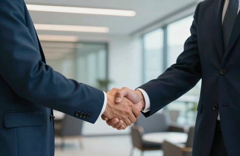 A firm handshake between two business people in professional attire within a modern South American / Brazilian corporate lounge. Bright Cyan and Dark Navy color scheme.