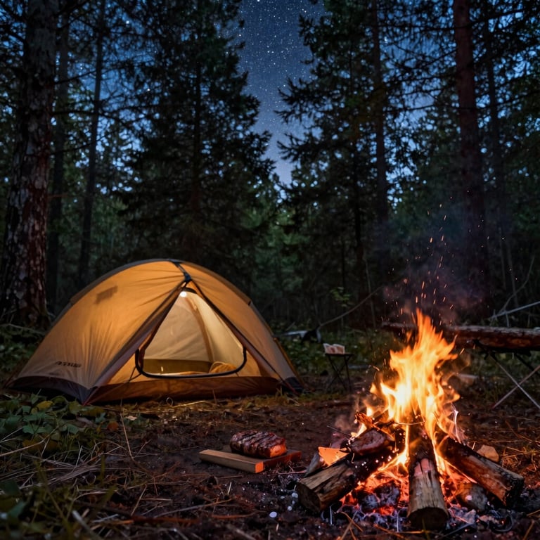 A cozy wildcamping site with a glowing campfire under starry northern skies in a dense forest.