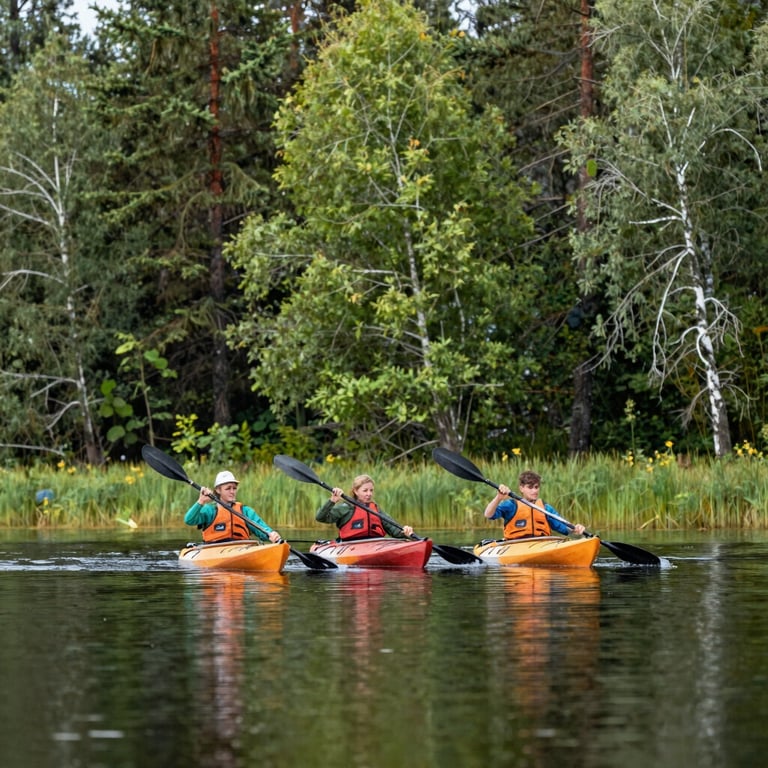 A group paddling kayaks on a calm lake framed by lush green Finnish wilderness.