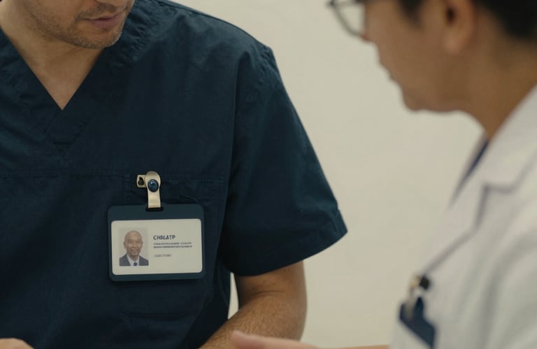 A close-up of two professionals in medical attire having a discussion, focusing on the detail of their specialized badges in a dark navy and off-white setting.