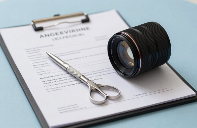 A still life photograph of a medical certification document next to a modern metallic surgical tool, resting on a soft blue surface.