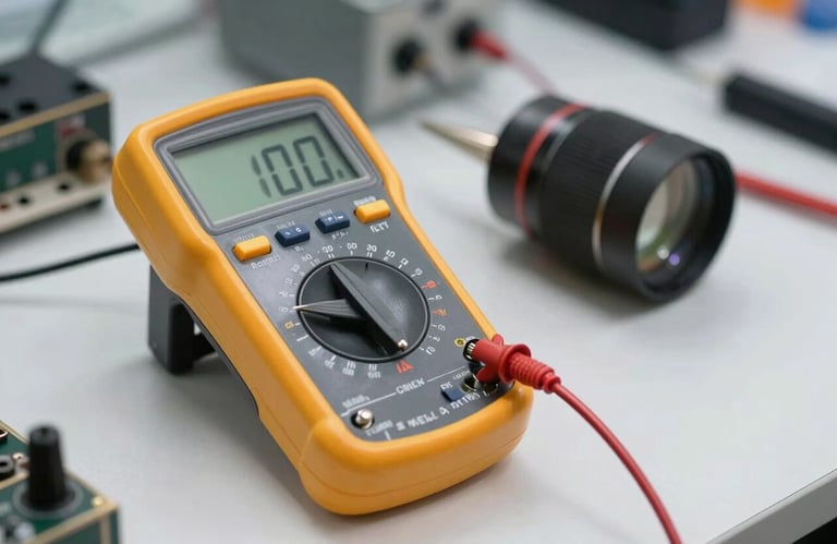 A close-up of a high-end digital multimeter and soldering station on a clean white desk in a professional electronics lab.