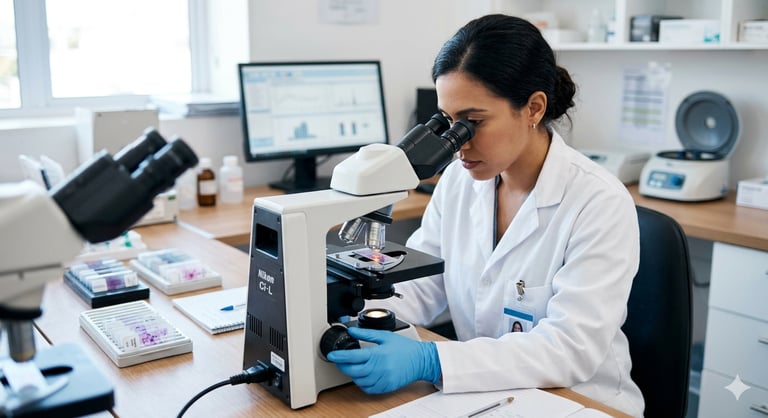 Doctora realizando análisis de citología cervical y Papanicolao en laboratorio para prevención de cá