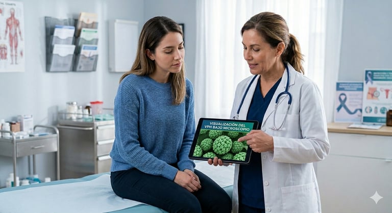 Médico explicando diagnóstico de VPH mediante colposcopía y biopsia dirigida a una paciente.