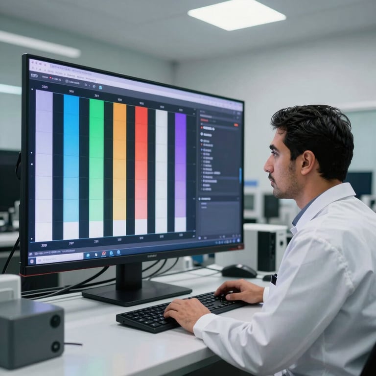 Photography of a high-tech TV diagnostic station in a modern Middle Eastern / Gulf workshop. A technician in a clean uniform observes calibration bars on a large OLED screen.