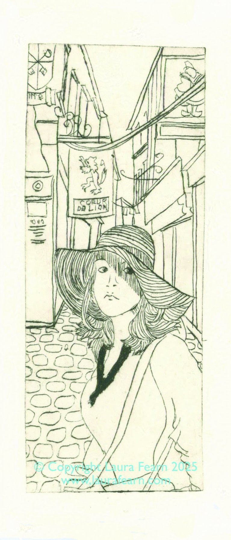 An etching of a girl in a large hat on a cobbled street.