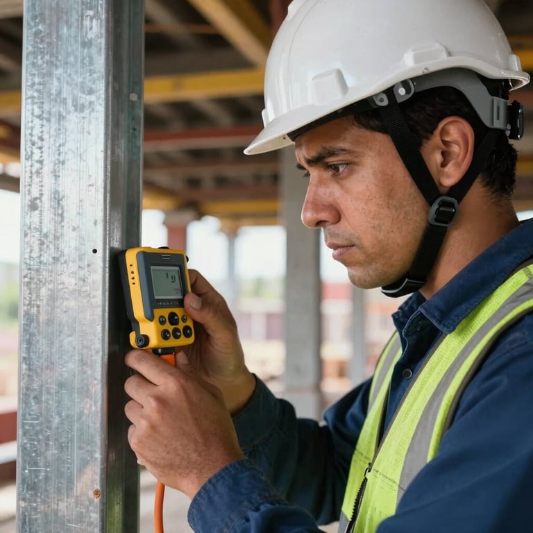 Close-up of a structural engineer in a white helmet using a digital measuring device on a metallic pillar. Latin American construction site, professional focus.