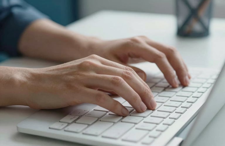 Close-up photography of a young person's hands typing on a modern, clean keyboard. The background is softly blurred, showing a blue and white workspace.