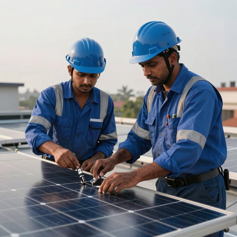 Two South Asian / Indian solar technicians in blue safety gear and hard hats carefully installing a solar module on a rooftop during the day.
