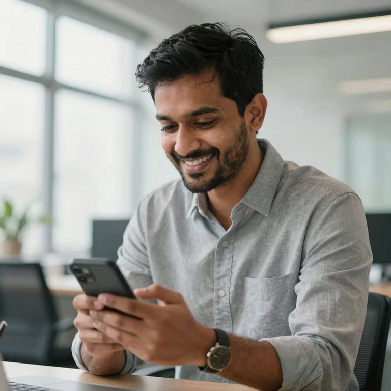 A professional South Asian man using a smartphone in a bright, modern office, smiling confidently.
