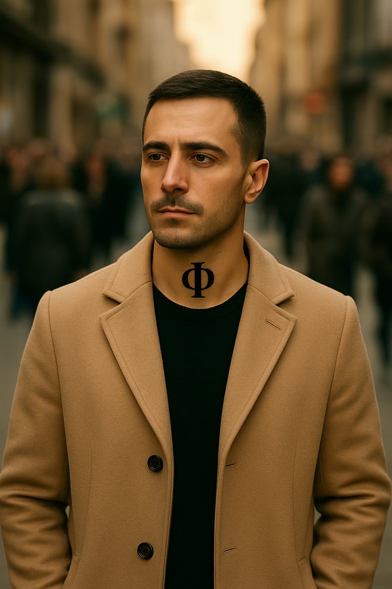 Iriel Thaleon de face au milieu d'une foule flou, il est droit, le regard franc
