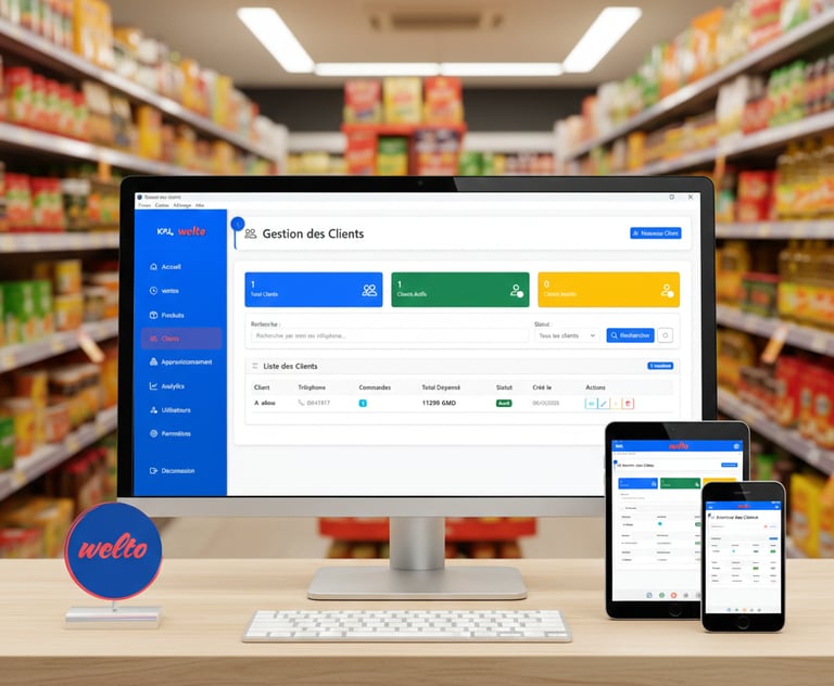 Grocery store inventory management software displayed on a desktop computer, tablet, and smartphone.