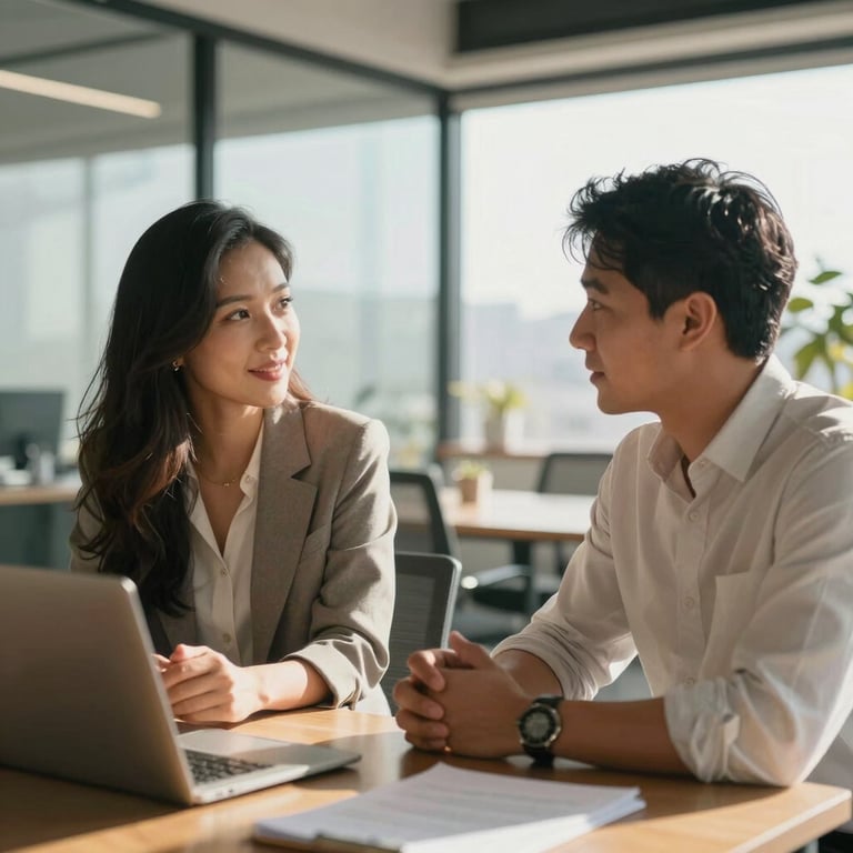 Two South American professionals in business casual attire having a collaborative meeting in a modern, sun-drenched office space.