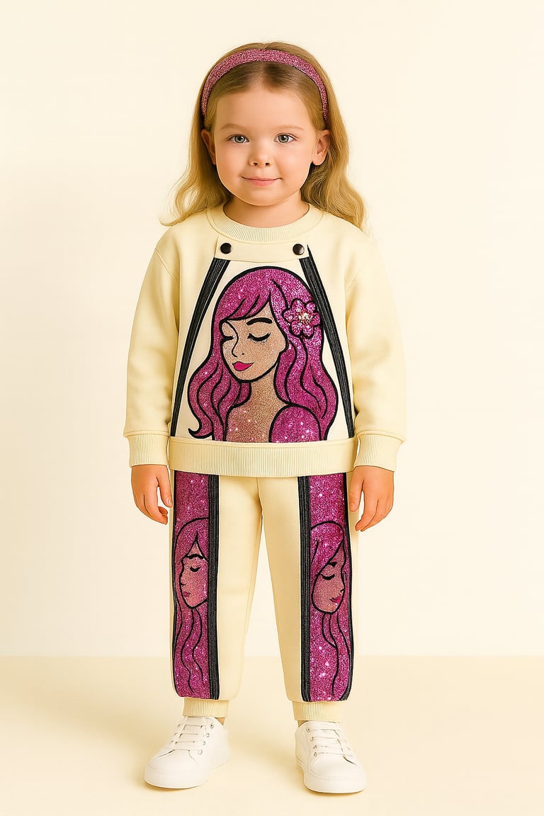A young girl wearing a cream-colored tracksuit featuring glittery pink girl graphics and a matching headband.