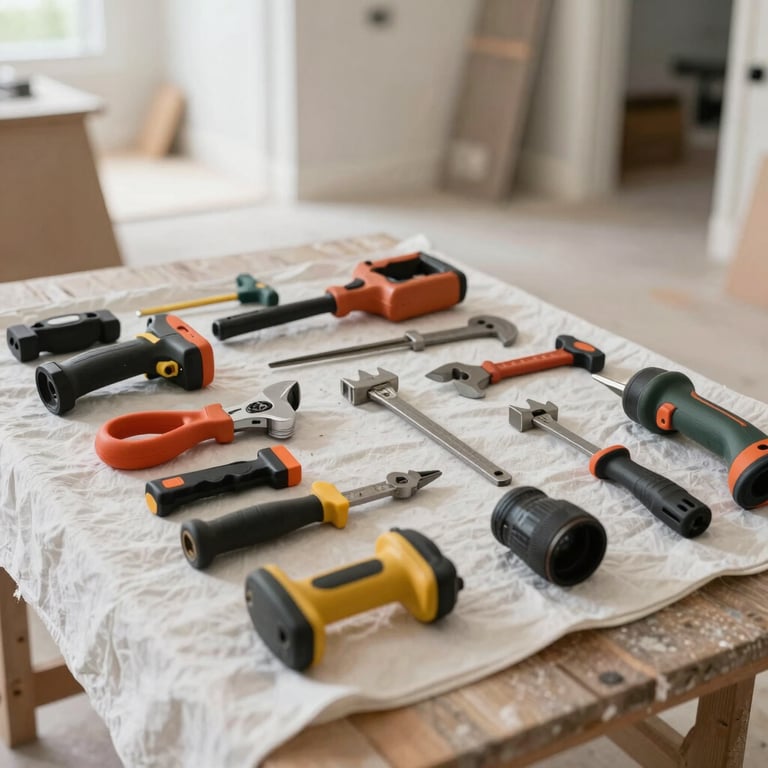 Professional construction tools neatly arranged on a clean drop cloth inside a modern home renovation site. North American / US interior, bright lighting, representing precision and care.