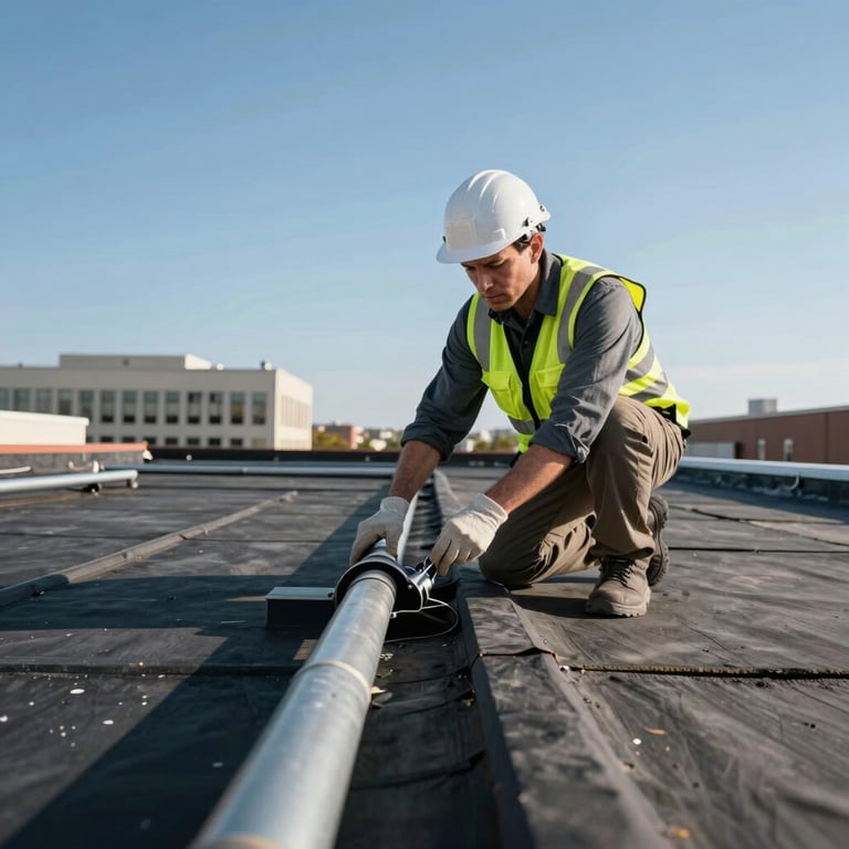 A roofing expert inspecting the drainage system on a flat rubber roof, clear blue sky, North American office building.