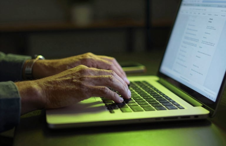 A side-profile shot of an expert's hands typing rapidly on a laptop in a dimly lit environment, with neon green light reflecting off the metallic surface, Global / International.