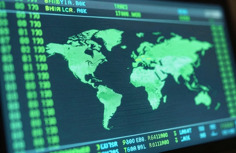 An abstract close-up of a transparent digital screen showing complex data streams and security encryption symbols in neon green and cyan, Global / International.