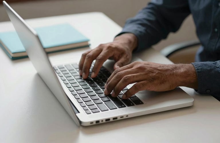 Close-up of professional hands typing on a high-end laptop on a clean desk with a Pale Sky Blue notebook nearby in a South Asian / Indian office setting.