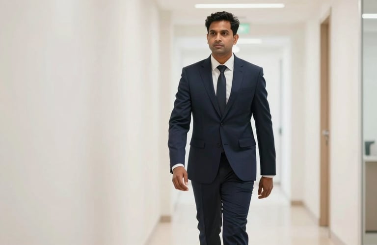 A sharp, high-quality photograph of a professional South Asian / Indian man in a Dark Navy Blue suit walking confidently through a bright, Soft Pearl White office corridor.