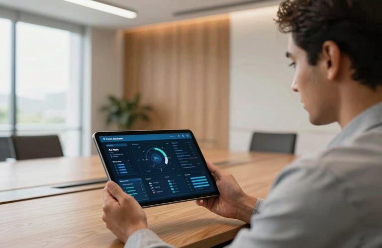 A South American executive holding a sleek tablet showing an AI dashboard in a brightly lit, modern conference room with wooden accents.