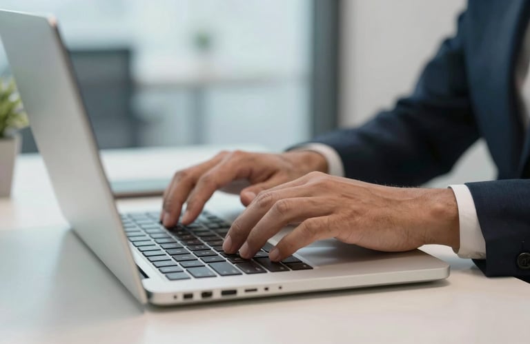 Close-up of professional hands typing on a high-end laptop in a bright Latin American office, emphasizing precision and efficiency, soft light blue lighting.