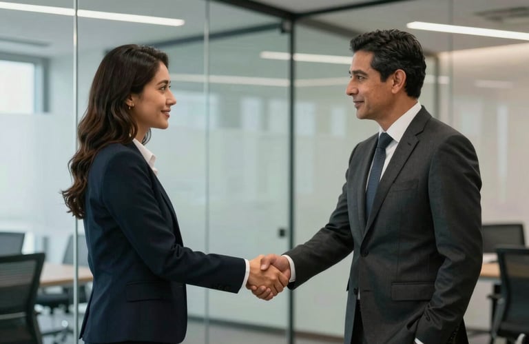 Two Latin American business partners in professional attire shaking hands in a minimalist glass-walled office, reflecting trust and security.