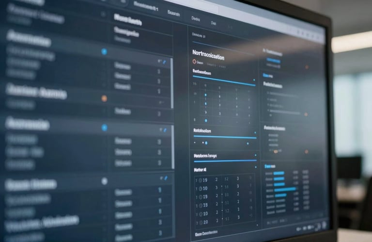High-detail photography of a digital analytics interface reflected in a glass surface, sophisticated and tech-oriented, using blue and dark gray color palette, North American office setting.