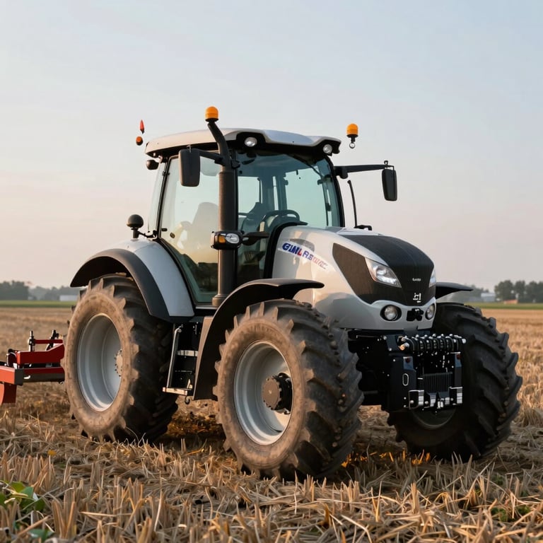 A professional shot of a modern tractor in a Slovak field, highlighting agricultural services and regional productivity, soft morning light.