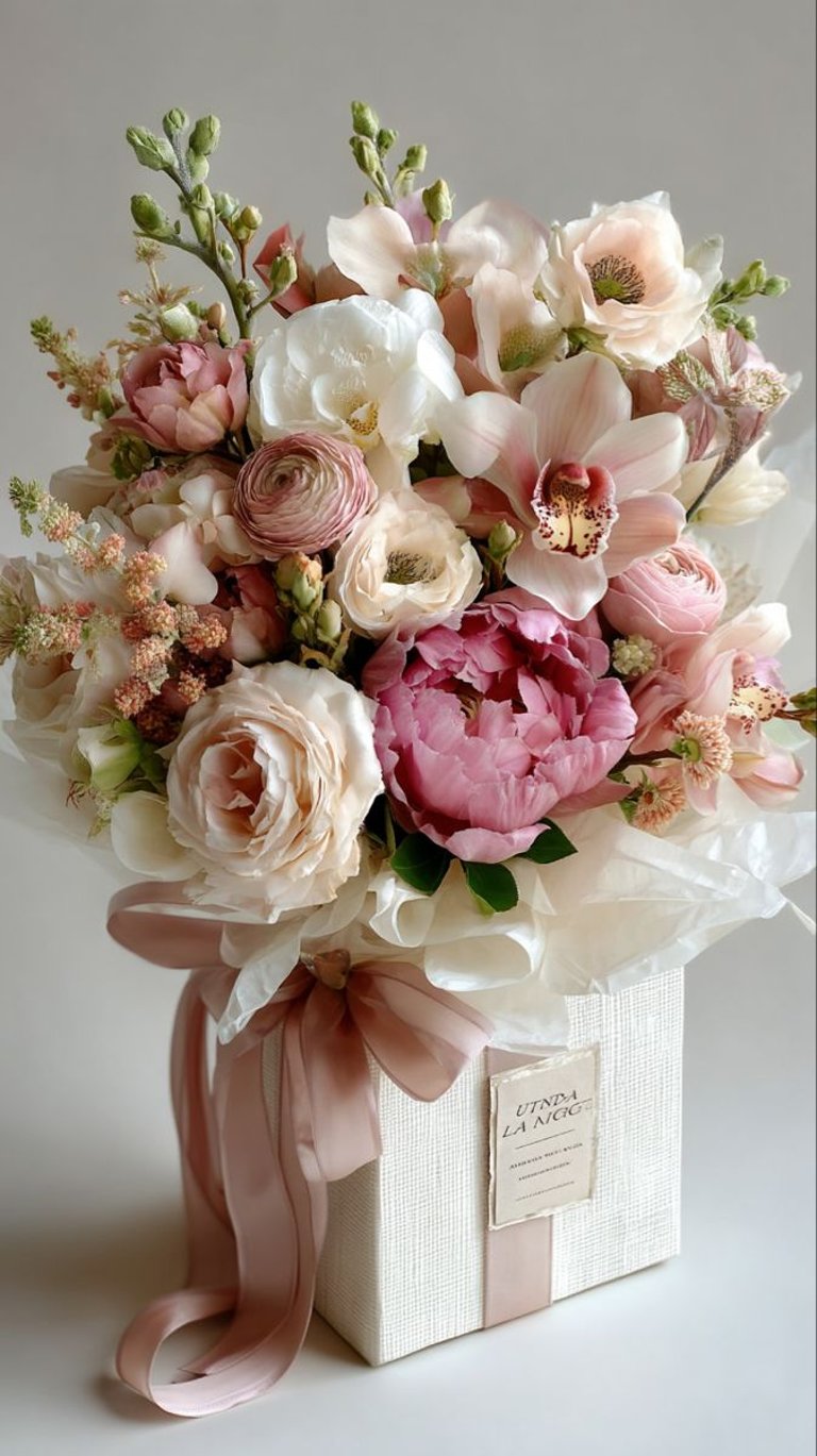 ramo de flores color rosas blancas orquideas y follaje color verde pastel en una caja blanca decorda con liston rosa 