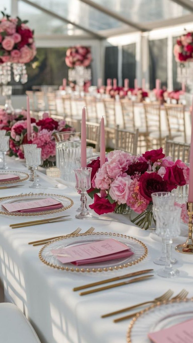 mesas con decoracion de rosas rojas y rosas rosas, velas largas rosas, copas de crista, platos blancos y cubiertos dorados