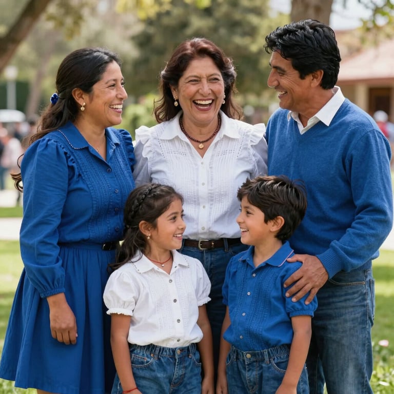 A Peruvian family laughing together in a brightly lit park, wearing Royal Blue and white clothing.