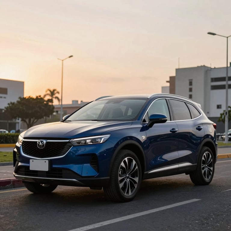 A shiny, Deep Navy Blue modern SUV parked on a clean city street in Lima at sunset.