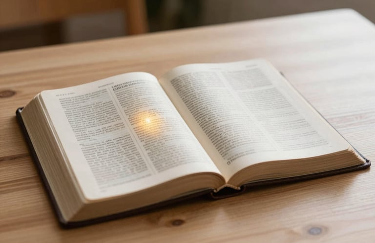 An open Bible on a clean, light-colored wooden table, highlighting a verse with a soft golden glow, suggesting divine inspiration. Colors: #C7A196, #FDF7F5.