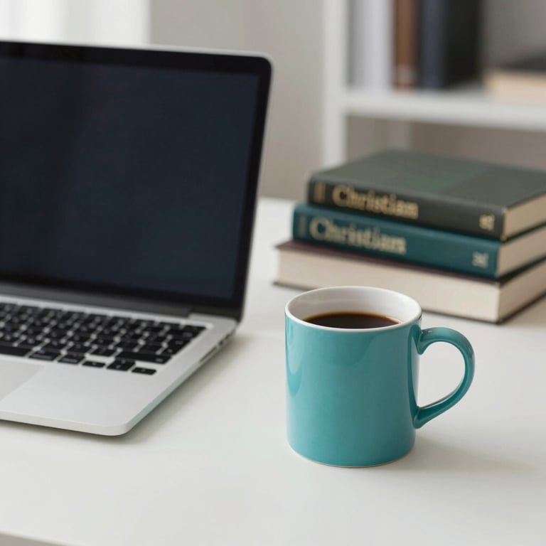 A serene office desk with a laptop, a turquoise coffee mug, and a stack of Christian books.