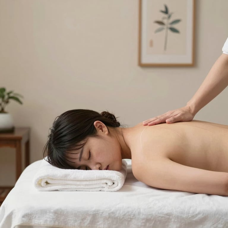 A serene spa room with soft candlelight, smooth stones, and gentle hands performing a holistic massage.