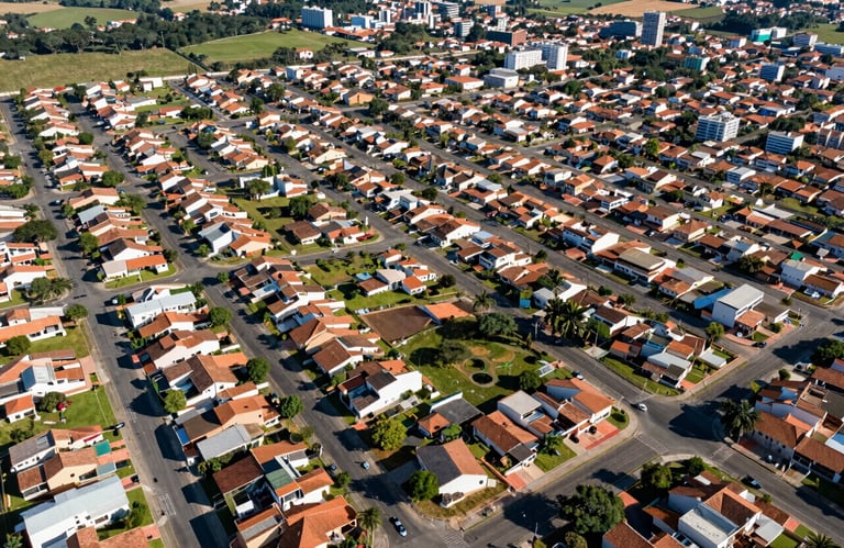Aerial view of a modern residential neighborhood in Hortolândia, well-planned streets, green areas, bright daylight, South American real estate drone photography.