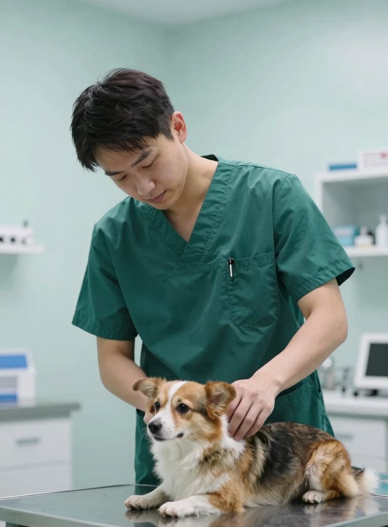 A professional veterinarian in forest green scrubs gently comforting a pet in a bright, modern clinic with light mist blue walls.