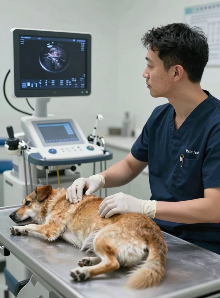 A veterinarian performing an ultrasound on a dog in a low-stress, quiet room with professional medical equipment.