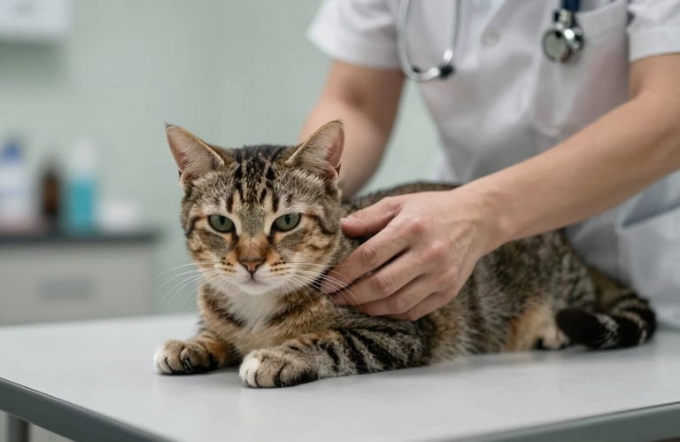 A calm cat being examined by a vet using a low-stress technique on a soft, light-colored table.