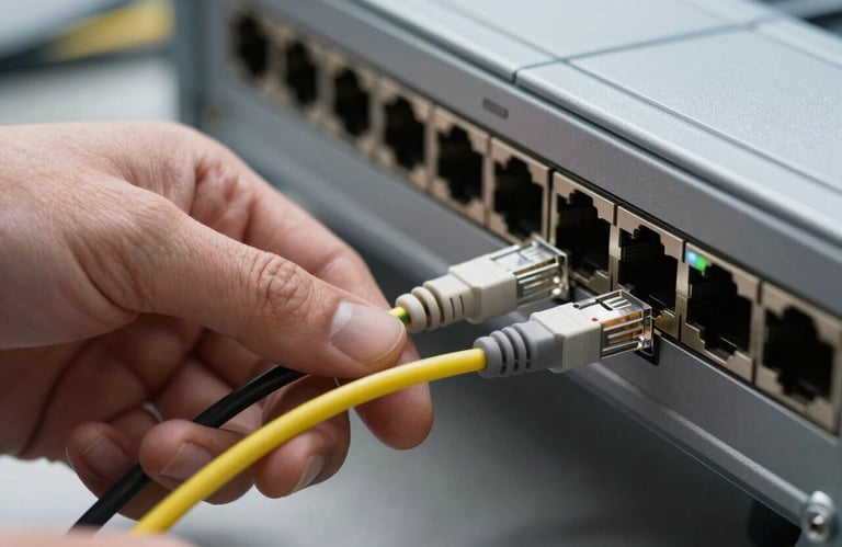 A close-up of a professional hand connecting a high-speed fiber optic or ethernet cable into a network switch, tech-focused, professional lighting.
