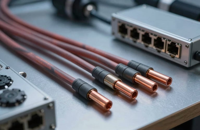 High-quality copper coaxial cables and network equipment laid out neatly on a professional workspace, sharp focus, Steel Blue lighting.