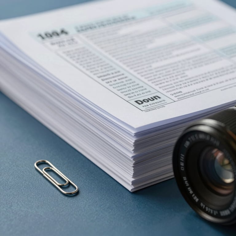 Close-up of a stack of neatly organized tax documents and financial reports with a silver paperclip on a professional slate blue surface.