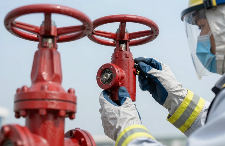 Technician hands in protective gear meticulously testing a red industrial fire valve in a bright facility with pale sky blue highlights.