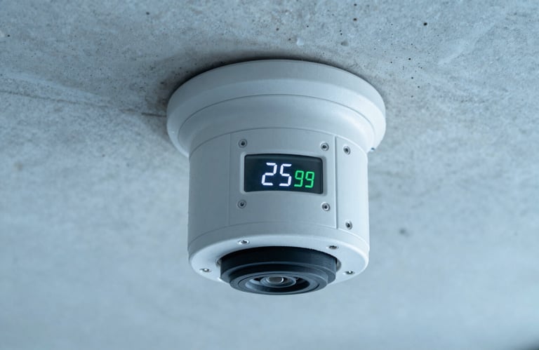 Close-up of a high-precision digital fire detection sensor mounted on a modern concrete ceiling, with clean lighting in pale sky blue and ice white.