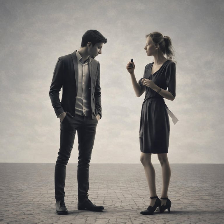 Una pareja elegantemente vestida posa en un paisaje desértico minimalista bajo un cielo gris suave.
