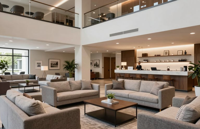 A well-lit, contemporary apartment building lobby in North America / US with comfortable designer seating and organized, professional decor.