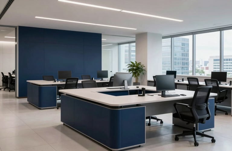 A sleek, professional office lobby in a Brazilian business center, featuring modern furniture in shades of dark blue and light grey, conveying efficiency and trust.