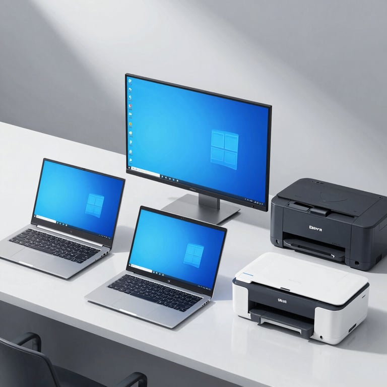 A sleek modern workspace featuring an all-in-one desktop computer, interactive screen, and printer.